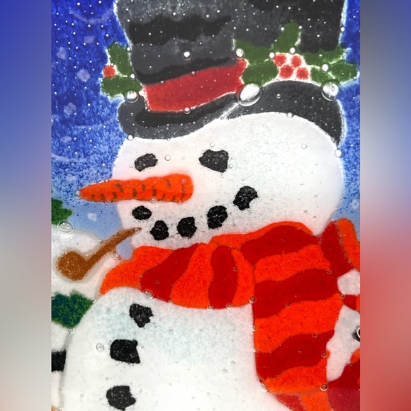 Peggy Karr Art Fused Glass Winter Snowman Cardinal Birds Square Platter 13 in - Picture 7 of 9